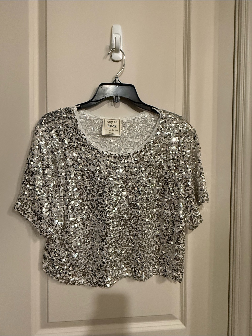Style Rack Silver Sequin Cropped Short Sleeve Top